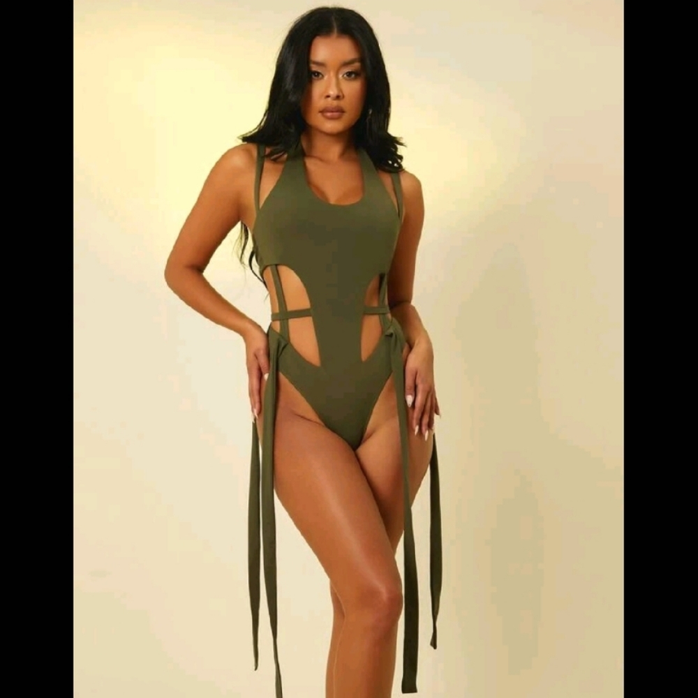 Cut out back tie strap draped bodysuit